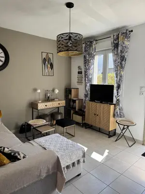 a living room with a couch and a tv at Mini villa piscine et plage in Cervione