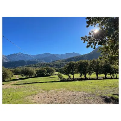 a view of a field with trees and mountains at Gîte Bergerie Saint Michel in Cateri
