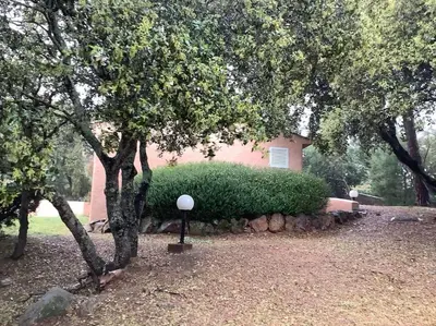 a green bush in front of a house with trees at Logement Mésange600m à pied de SantaGiulia Jacuzzi in Porto-Vecchio