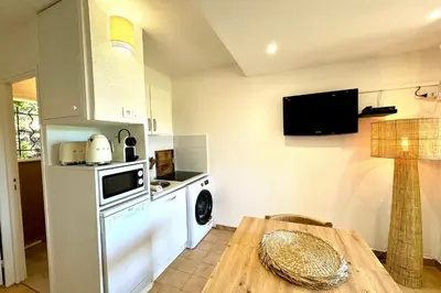 a kitchen with a table and a refrigerator and a sink at Adorable duplex vue mer 5 min à pied de Santa Giulia in Porto-Vecchio