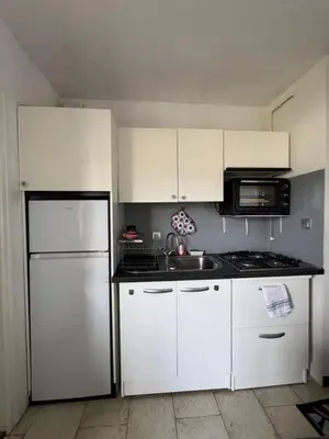 a kitchen with white cabinets and a white refrigerator at Vacances AJACCIO in Ajaccio