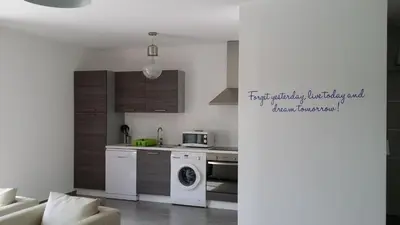 a kitchen with a washing machine and a microwave at Résidence Isola Hotel in Borgo