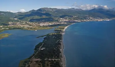an aerial view of a beach and the ocean at Résidence Isola Hotel in Borgo