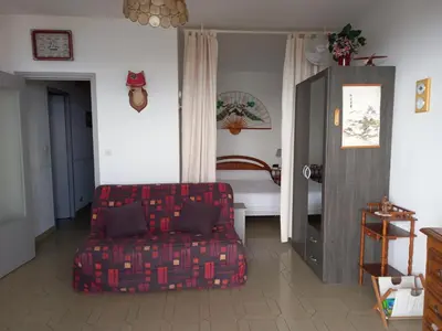 a living room with a couch and a bed at t1 bis vue imprenable in Ajaccio