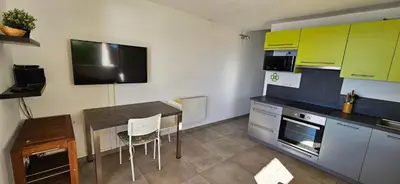 a kitchen with green cabinets and a table with chairs at T3 Paradisiaque sur la plage, les pieds dans l'eau in Olmeto
