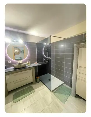 a bathroom with a shower and a sink and a mirror at Studio Terrasse entre ville et port in Porto-Vecchio