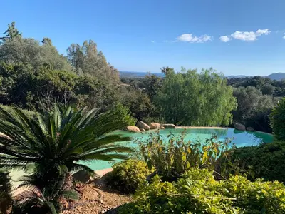 a swimming pool in a garden with trees and plants at Chambre Mustang avec piscine Villa CasaEva in Porto-Vecchio