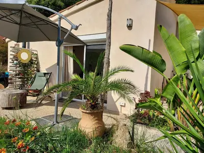 a plant in a pot in front of a house at Suite indépendante avec vue in Sarrola-Carcopino