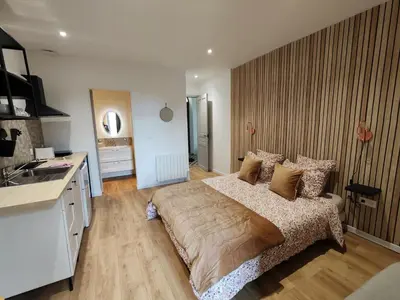 a bedroom with a large bed and a kitchen at Gîte casa di l'Apa in Venaco