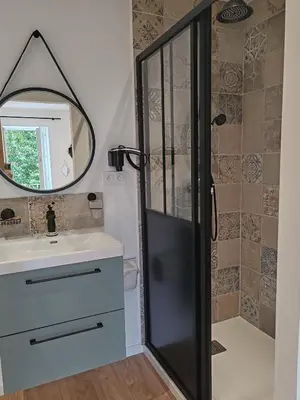 a bathroom with a shower with a sink and a mirror at Gîte casa di l'Apa in Venaco