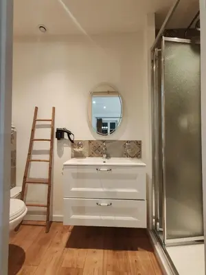 a bathroom with a sink and a shower at Gîte casa di l'Apa in Venaco