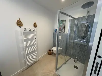 a bathroom with a shower and a toilet at T2 standing 50m2, vue mer in Albitreccia