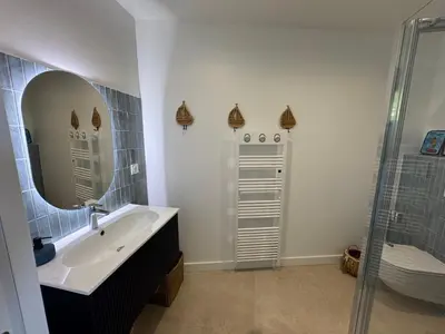 a bathroom with a sink and a mirror and a shower at T2 standing 50m2, vue mer in Albitreccia