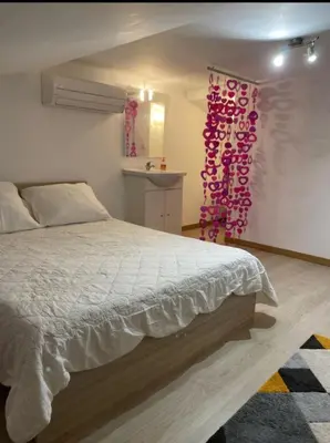 a bedroom with a bed with pink decorations on the wall at Charmante Maisonnette t2bis plaine de Calenzana in Calenzana