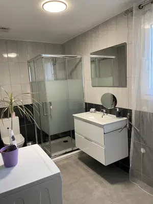 a bathroom with a shower and a sink and a toilet at Charmante Maisonnette t2bis plaine de Calenzana in Calenzana