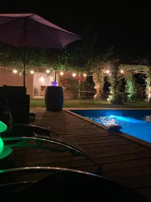 a swimming pool at night with an umbrella at Domaine U Bugnu in Vico
