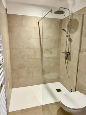 a bathroom with a shower and a toilet at Appartement Mare è Machja avec piscine et vue mer in Sari Solenzara