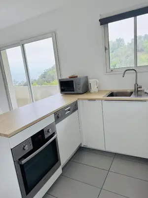 a kitchen with white cabinets and a sink and two windows at Appartement Mare è Machja vue mer in Sari Solenzara