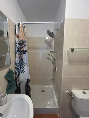 a bathroom with a shower with a toilet and a sink at Appartement dans résidence avec piscine et plage privées in San-Nicolao