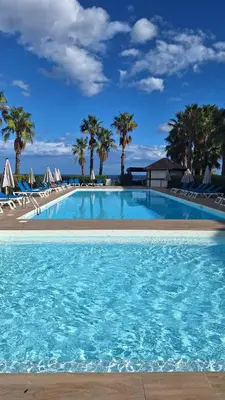 a large swimming pool with palm trees and umbrellas at Appartement dans résidence avec piscine et plage privées in San-Nicolao