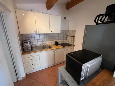 a small kitchen with a sink and a microwave at Caseddu jardin et mer in Viggianello