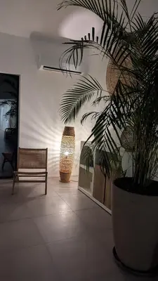 a living room with a potted plant and a bench at Appart 70m2 avec loggia, piscine à débordement vue mer in Pianottoli-Caldarello