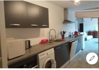 a kitchen with a washing machine in a kitchen at Appartement T2 Belvedere campomoro in Portigliolo