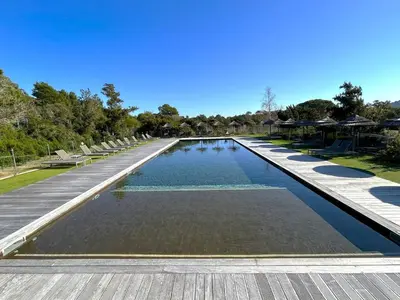 a large swimming pool with lounge chairs and trees at Appartement 4 étoiles piscine et plage à pied in Porto-Vecchio