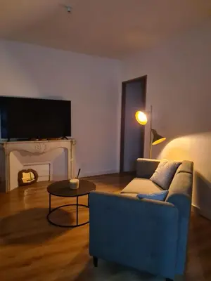 a living room with a blue couch and a fireplace at T2 centre ville Ajaccio in Ajaccio