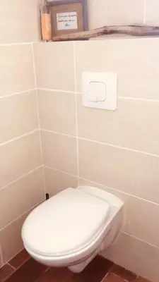 a bathroom with a white toilet in a room at A FATA DI L'ORTOLO gîtes à la ferme in Sartène