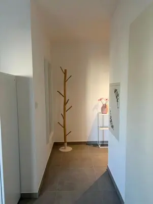 a hallway with a tree in the corner of a room at Charmant appartement à Ajaccio, proche de la mer ! in Ajaccio