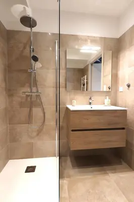 a bathroom with a shower and a sink at T2 Azur - Plage & commerces à 200m- Barbecue - Parking - Wifi in Albitreccia