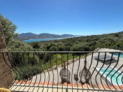 a balcony with a view of a swimming pool at Casa Nostra in Olmeto