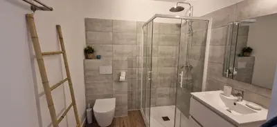 a bathroom with a shower and a toilet and a sink at Eden Cala Rossa appartement 3 chambres et grande terrasse dans résidence hotelière Fiori di Cala Rossa à Lecci in Lecci