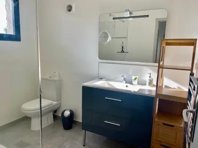 a bathroom with a sink and a toilet and a mirror at Maison T4 Saint Cyprien in Lecci