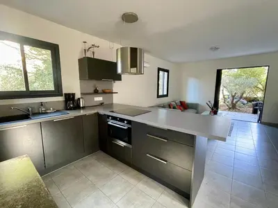 a kitchen with a sink and a counter top at Maison T4 Saint Cyprien in Lecci