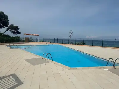 a swimming pool with the ocean in the background at Studio meublé bord de mer in Santa-Lucia-di-Moriani