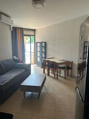 a living room with a couch and a table at Studio meublé bord de mer in Santa-Lucia-di-Moriani