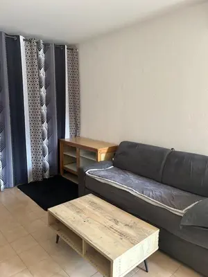 a living room with a couch and a coffee table at Studio meublé bord de mer in Santa-Lucia-di-Moriani