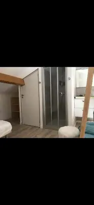a small room with a bed and a shower at Appartement Oriana in Montegrosso