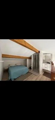 a bedroom with a bed and a vaulted ceiling at Appartement Oriana in Montegrosso