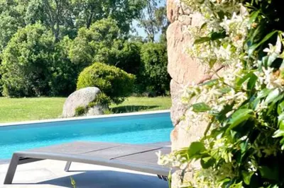 a pool with a bench next to a stone wall at Villa à Marina di Fiori - 8 pers in Porto-Vecchio