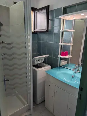 a bathroom with a sink and a washing machine at Appartement accès piscine collective Porticcio Corse du sud in Porticcio