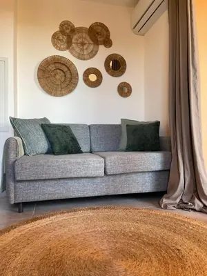 a living room with a gray couch and some plates on the wall at Appartement CERICA proche de la plage de Saint Cyprien in Lecci
