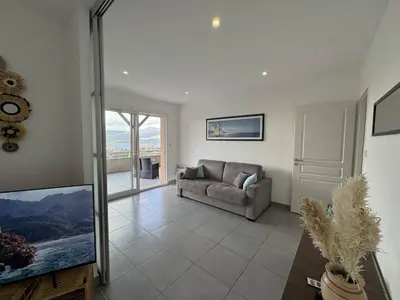 a living room with a couch and a flat screen tv at Appartement avec vue imprenable sur la mer, terrasse et piscine in Propriano