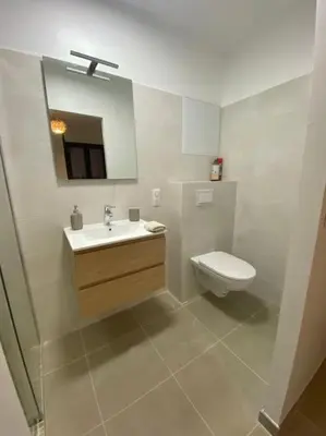 a bathroom with a toilet and a sink and a mirror at Rez de villa Favone in Conca
