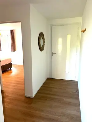 an empty living room with a door and a mirror at Location T2 44 m2 proche plage Lecci appartement 82 in Lecci