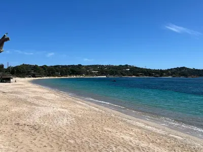a beach with blue water and trees in the background at Location T2 44 m2 proche plage Lecci appartement 82 in Lecci