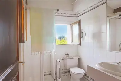 a bathroom with a toilet and a sink and a window at Villa Josiane in San-Nicolao