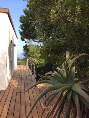 a wooden deck with a plant on the side of a house at Villa en Corse du Sud - Golf d'Ajaccio in Coti-Chiavari